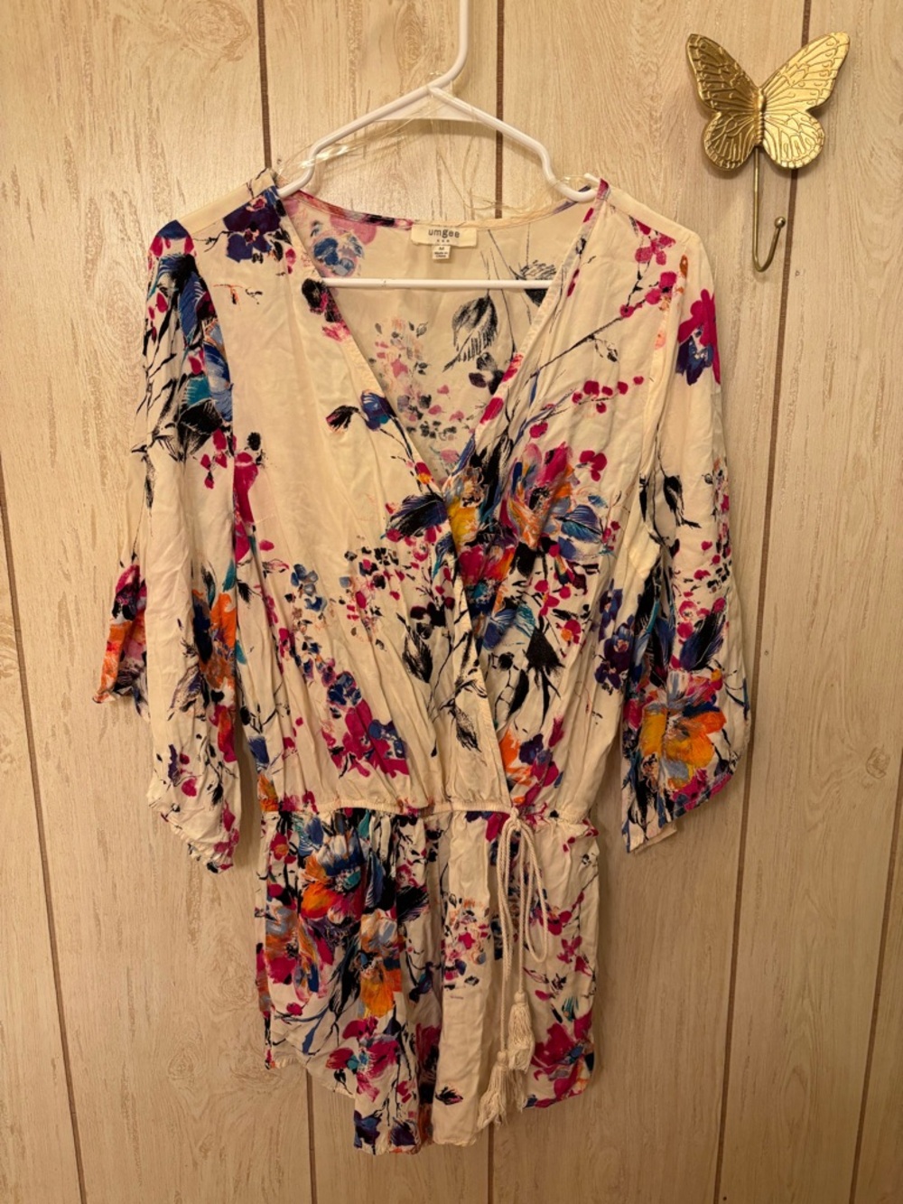 Umgee Cream Floral Romper with Pink & Blue Accents